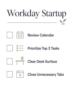Workday Startup Routine Checklist Infographic, Morning Workflow and Desk Productivity Setup Diagram
