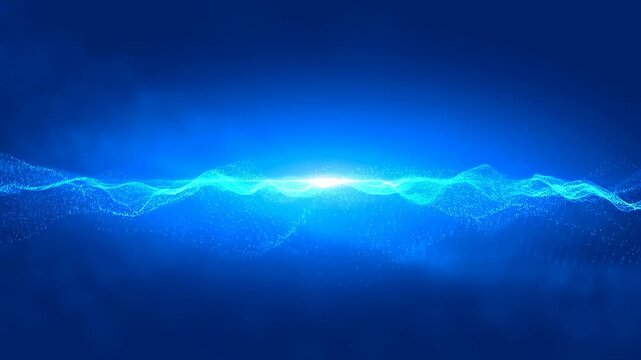 Glowing blue particle wave flows and undulates across a dark background. Abstract background features glowing particle wave with rhythmic movement.