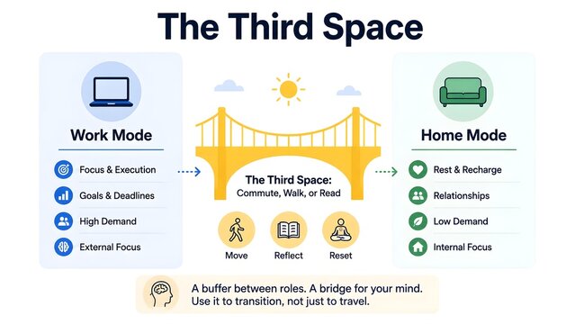 The Third Space Mindful Transition Infographic, Work Mode to Home Mode Mental Buffer Zone Diagram on White

