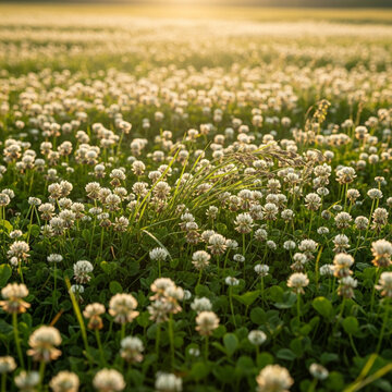 field of blooming white clover flowers under warm golden sunset light in a meadow
