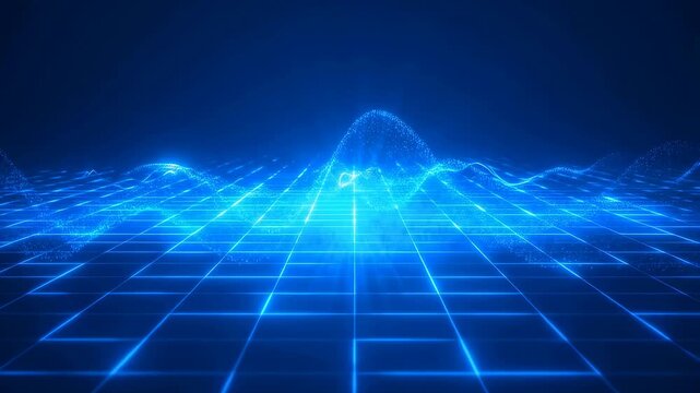 Glowing blue digital grid with flowing particle waves rising and falling over it. Light-emitting particles pulse and flow along wave shapes in an abstract digital space environment.