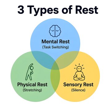 Three Types of Rest Infographic, Cognitive Stretching and Sensory Silence Recovery Diagram on White
