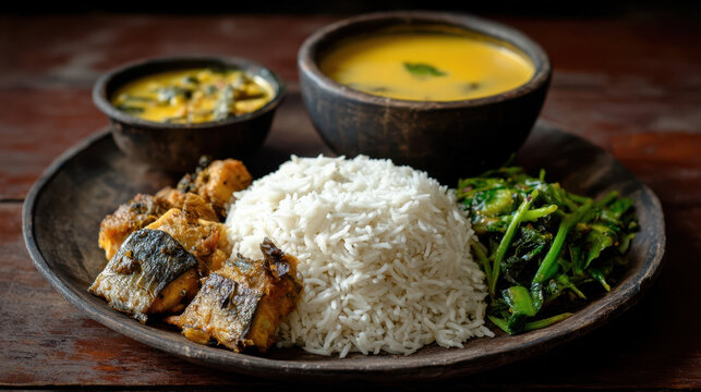 Traditional Bangladeshi meal with rice, fried fish, green vegetables and yellow curry in earthen bowls, authentic Bengali cuisine on wooden table, South Asian food, healthy dinner, cultural cuisine
