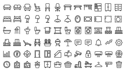 Modern Furniture and Household Line Icon Collection Featuring Home Decor, Garden, Bathroom, Settings, and Editable Stroke Symbols © Liton