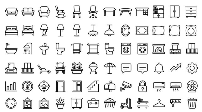 Modern Furniture and Household Line Icon Collection Featuring Home Decor, Garden, Bathroom, Settings, and Editable Stroke Symbols
