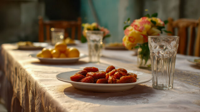 Plate of dates and glass of water on dining table. Lemons and flowers in background. Traditional iftar meal setting. ramadan, iftar, dining