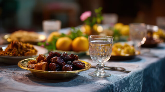 Dates and sweets in brass bowl on festive table. Traditional iftar meal with water glass and various dishes. Ramadan, celebration, food