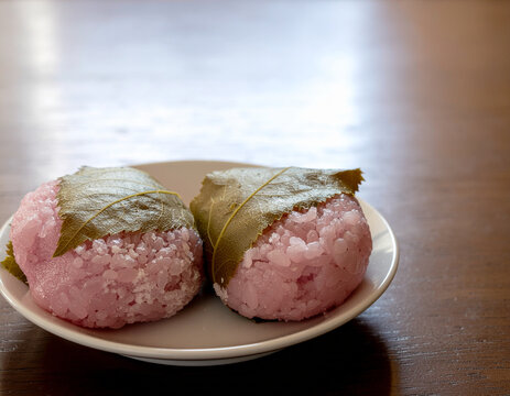 Japanese sakuramochi rice cakes wrapped in salted cherry leaves on a white plate