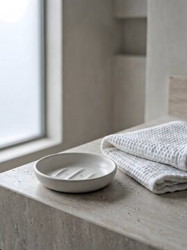 Empty ceramic soap dish beside folded towel