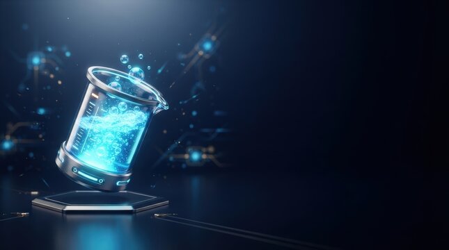 3D-rendered glowing beaker on hexagonal platform with blue light particles, studio lighting, futuristic mood, abstract scientific composition.