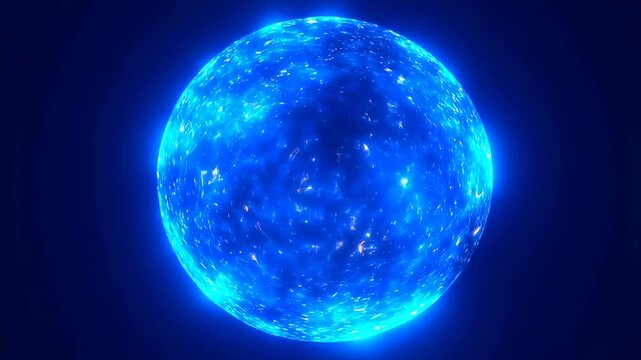 Blue glowing energy sphere pulses and rotates while emitting flickering light particles on a dark background. Layered blue and black tones enhance movement and depth.