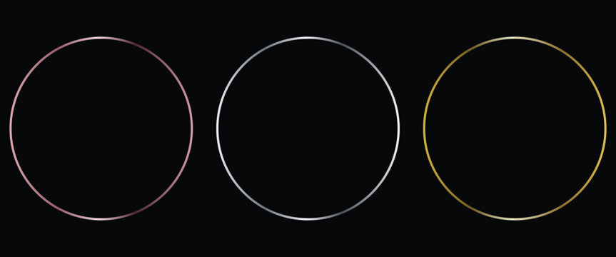 Gold and silver circle thin frame set. Shiny metallic foil circle border collection. Golden glowing boarder bundle in art deco style. Linear round element pack for photo, cadre, card, emblem. Vector