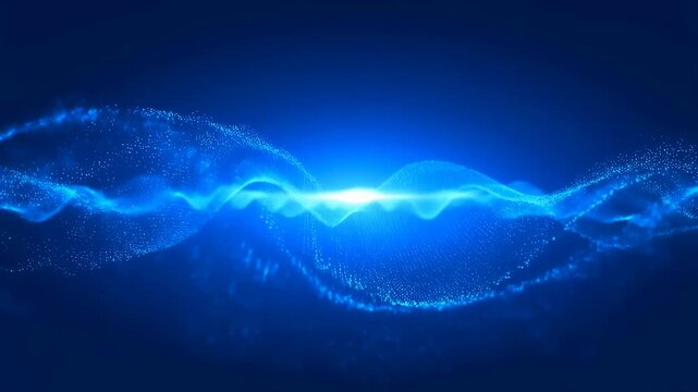 Glowing blue particle wave flows and pulses across a dark abstract background. Design backdrop with flowing movement, glowing light and layered depth.