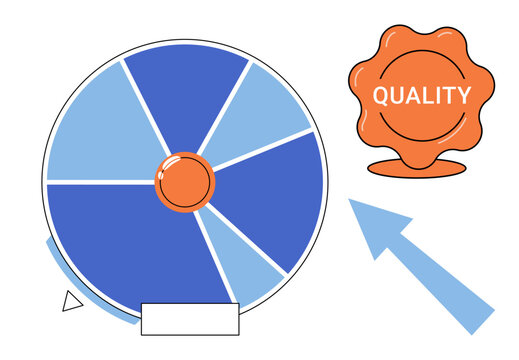 A circular wheel chart and a quality stamp icon vector illustration. Business, management, standards, improvement, performance, evaluation. A segmented diagram with a seal of approval