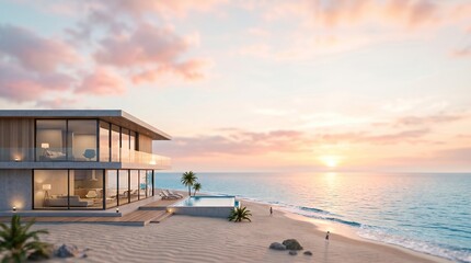 Fototapeta premium Luxury modern beach house with large glass walls and infinity pool overlooking the ocean during a colorful sunset