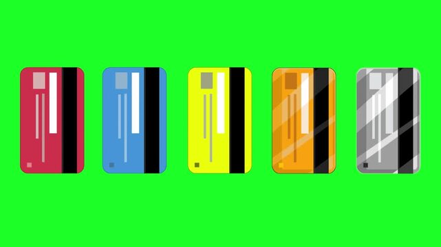 Cartoon style animation of various credit cards on a green background, money, drawing, 2D, art.