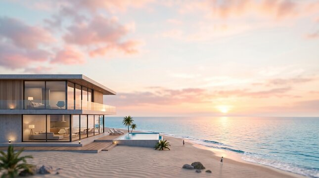 Luxury modern beach house with large glass walls and infinity pool overlooking the ocean during a colorful sunset