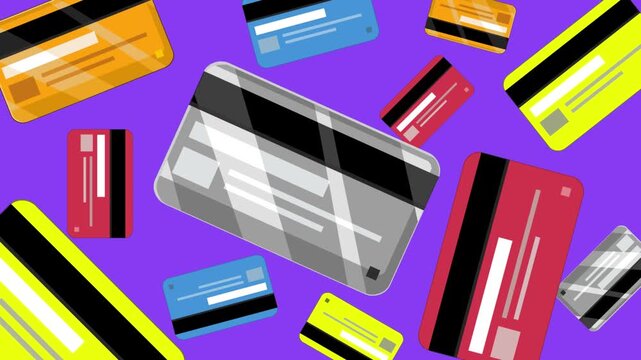 Cartoon style animation of various credit cards on a blue background, money, drawing, 2D, art.