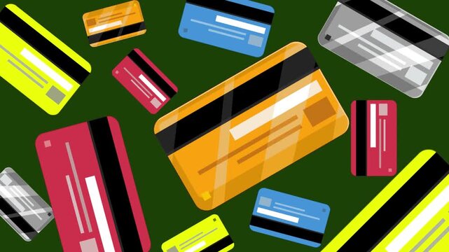 Cartoon style animation of various credit cards on a green background, money, drawing, art.