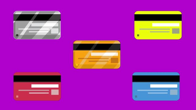 Cartoon style animation of various credit cards on a red background, money, drawing, 2D, art.