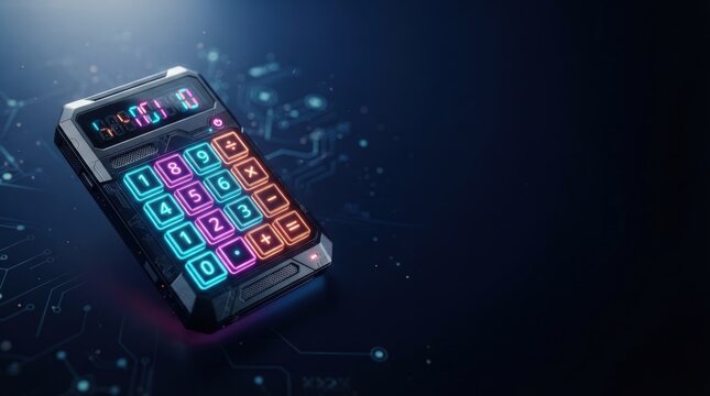 A high-tech device showcases a glowing numeric keypad with vibrant lighting. Studio-shot with a futuristic, digital mood and circuit-pattern background. Ideal for tech and innovation concepts.
