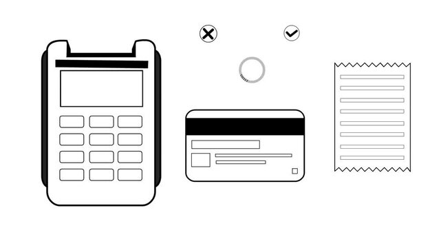 Cartoon style animation of a payment terminal, card, receipt, loading indicator, and accept and decline buttons in black and white, background, money, drawing, 2D, art.