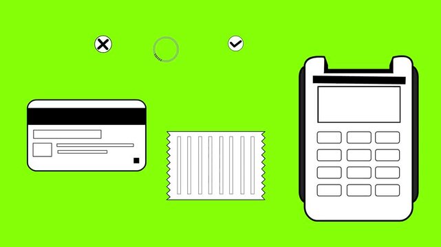 Cartoon style animation of a payment terminal, card, receipt, loading indicator, and accept and decline buttons in black and white, green background, money, drawing, 2D, art.