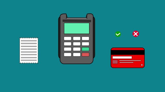 Cartoon style animation of a payment terminal, card, receipt, loading indicator, and acceptdecline buttons on a green background, money, drawing, 2D, art.