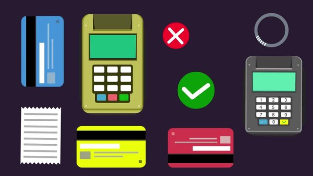 Cartoon style animation of a payment terminal, card, receipt, loading indicator, and acceptdecline buttons on a black background, money, drawing, 2D, art.