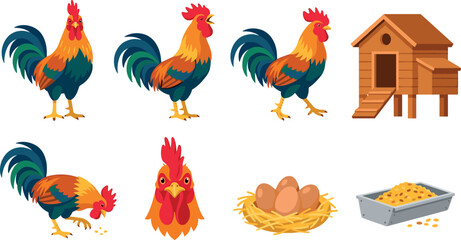 Rooster and Chicken Coop Farm Vector Icon Set with Crowing Cockerels Breeding Eggs in Nest and Poultry Feeding Equipment for Agriculture Designs © Nusrat