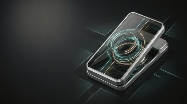 Futuristic wireless charging pad with glowing neon ring circuit interface and sleek metallic smartphone design on dark background, mobile technology concept