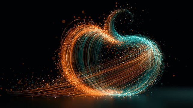 Abstract magical swirls of orange teal light forming shape of pumpkin, sparkling bokeh, ethereal particles set in mystical forest landscape