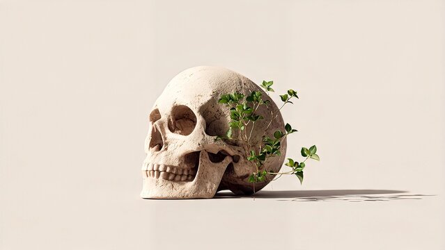 Human skull sculpture with green leafy plant growing out of side concept