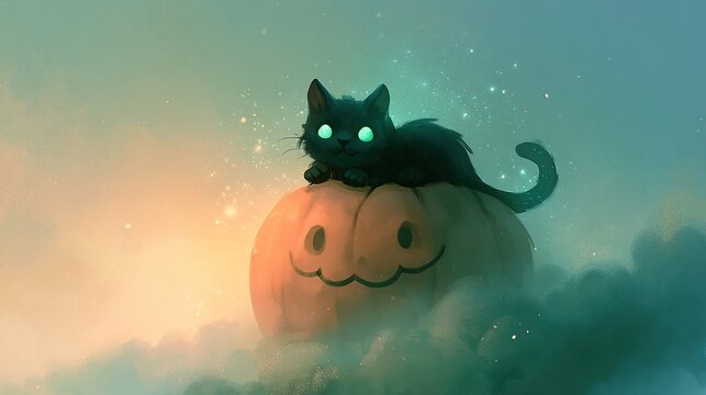 Magical black cat with glowing emerald eyes resting atop giant smiling jack-o-lantern, sparkling dust particles set in mystical forest landscape