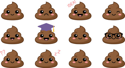 Fototapeta premium Cute Kawaii Poop Emoji Cartoon Character Vector Set with Happy Smiley Face and Various Expressions for Novelty Stickers and Digital Graphic Designs