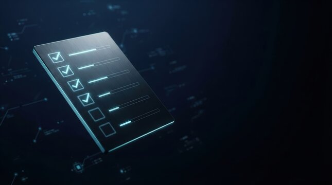 Isometric digital tablet showing checklist with checked and unchecked boxes, futuristic blue lighting, abstract tech background, professional composition for corporate use.
