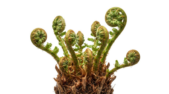 Detailed close-up of young, vibrant green fern fiddleheads unfurling, showcasing new growth against a transparent background