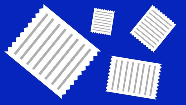 Cartoon style animation of multiple receipts on a blue background, money, drawing, 2D, art.
