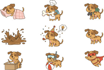 Obraz premium Cute Cartoon Dog Activity Collection Featuring Sleeping, Cooking, Bathing, Swimming, Superhero, Mud Play, Party, and Playful Puppy Character Illustrations