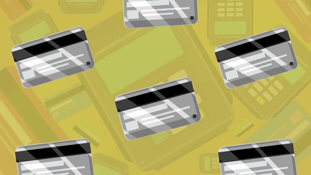Cartoon style animation of several silver credit cards falling, background, money, drawing, 2D, art.