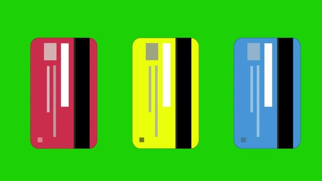 Cartoon style animation of three credit cards on a green background, money, drawing, 2D, art.