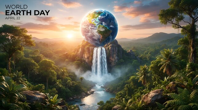 World earth day april 22 concept with a majestic waterfall flowing from a globe in a lush tropical rainforest at sunset