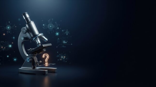 Close-up of microscope with illuminated question mark slide, dark studio lighting, futuristic digital particles in background. Professional composition evokes curiosity and innovation.