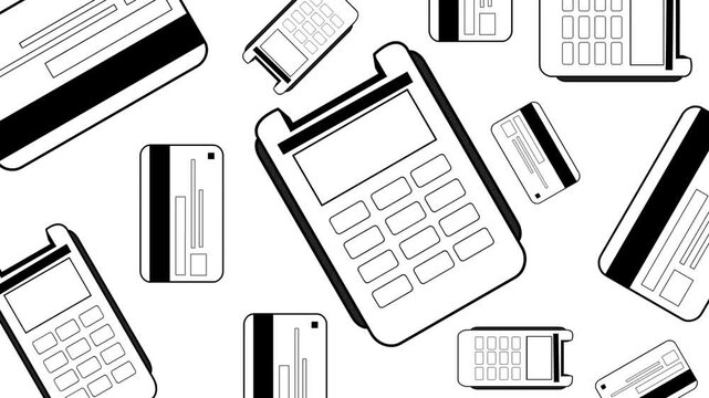 Cartoon style animation of various black and white credit card terminals, background, money, drawing, 2D, art.
