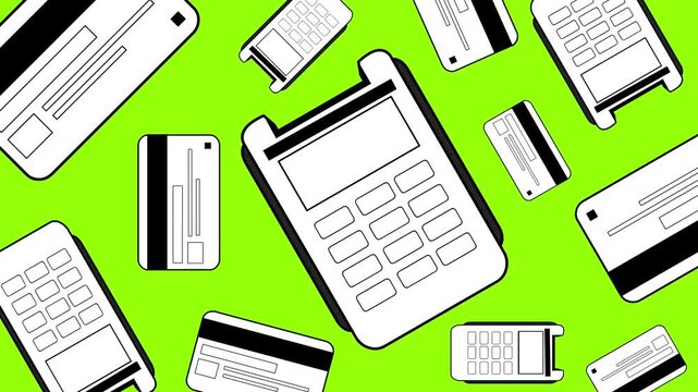 Cartoon style animation of various black and white credit card terminals, green background, money, drawing, 2D, art.