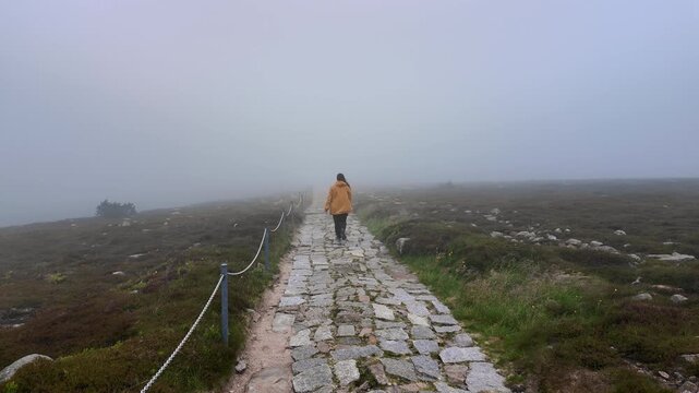 Horizontal shot of a young woman in a yellow hooded jacket walking along a paved mountain path with rope border in heavy fog and strong wind in Karkonosze.