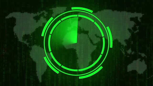 Radar screen tracking animation displays green world map layouts on sonar. Screen tracking detection matrix tracks international geolocation paths. Sonar overlay layout loops cleanly.