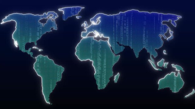 Globe earth world animation showcases a dotted international network map. Earth world digital background includes scrolling binary code text rows. Network map layout looks professional.