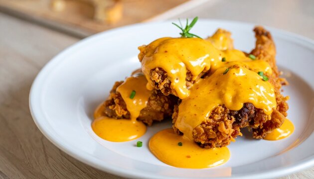 Crispy golden fried chicken pieces drizzled with a rich and savory creamy cheddar cheese sauce served on a clean white porcelain plate
