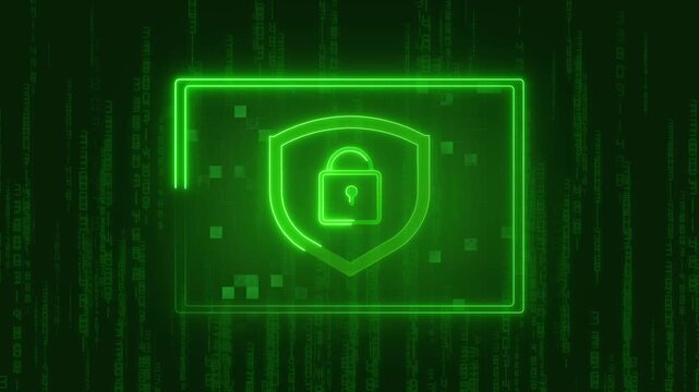 Security cyber defense animation shows green neon shields with lock icons. Cyber defense matrix background provides high tech data privacy protections. Defense animation layout looks neat.
